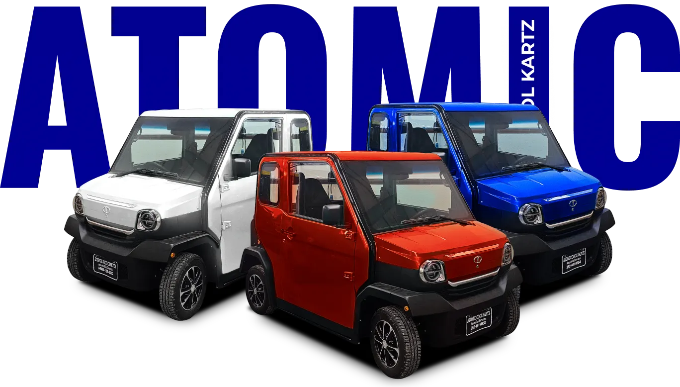 Atomic Cool Kartz fleet — Blue, Red, and White Coupe models